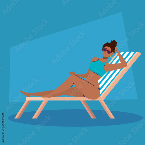 woman afro with swimsuit in chair beach, summer vacation season vector illustration design