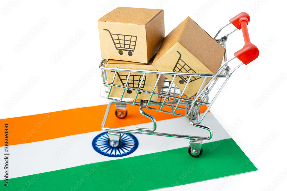Box with shopping cart logo and India flag, Import Export Shopping online or eCommerce finance delivery service store product shipping, trade, supplier concept.