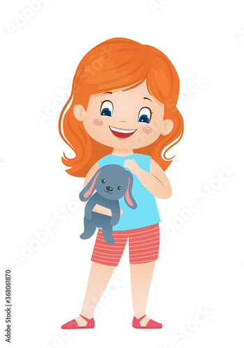 Cartoon vector redheaded girl with toy bunny.Vector illustration.Isolated on white background