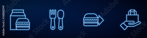 Set line Online ordering burger delivery, and, Fork spoon and . Glowing neon icon on brick wall. Vector.