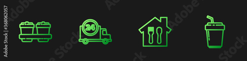 Set line Online ordering and delivery, Coffee cup to go, Fast by car and . Gradient color icons. Vector.