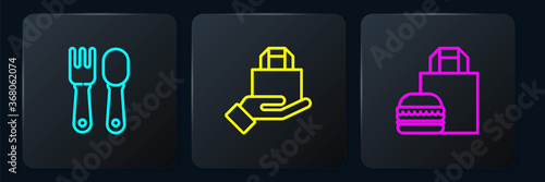 Set line Fork and spoon, Online ordering burger delivery and . Black square button. Vector.