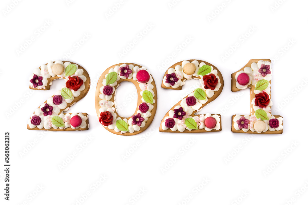 2021 cake decorated with flowers isolated on white background. New year concept.