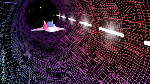 Arcade space ship flying to the gateway in blue corridor 3D landscape with docking lights, 80s style synthwave or retrowave illustration