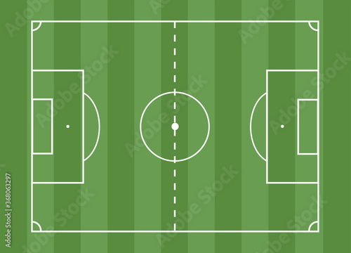 An isolated soccer field for a ball game on a striped green background. A competitive sport on the lawn. Stadium with markings. Vector stock graphics. To plan a strategy for sites and applications.