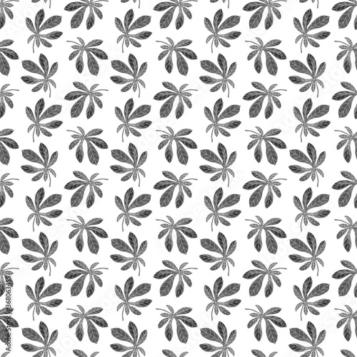 Seamless pattern with graphic chestnut leaves. Watercolor ink black stylish botanical background. Monochrome leaf silhouette