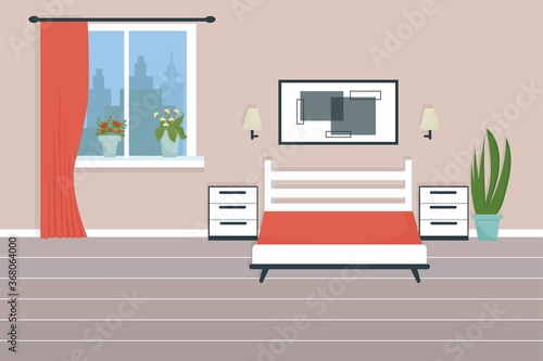Modern, stylish bedroom interior of house or hotel stock vector illustration with bed, window, nightstand, picture. 