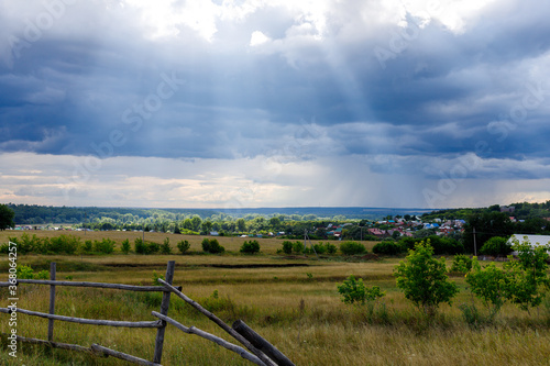 Rural summer landscape with green grass, forest on the horizon and cloudy sky. High quality photo