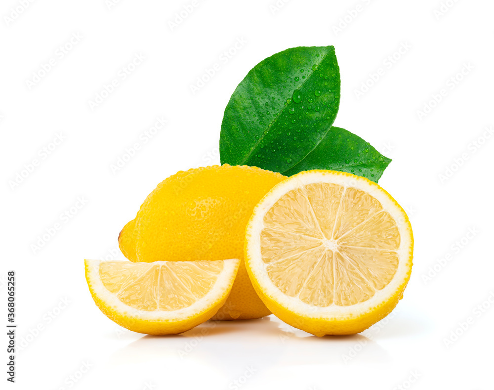 Water drops fresh lemon with leaves isolated on white background with clipping path.