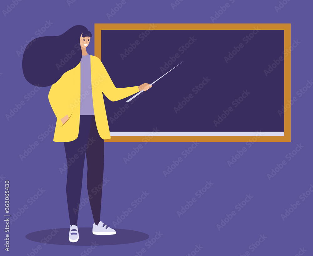 Teacher woman stands with a pointer in her hand at the blackboard. Back to school, favorite work concept. Teachers day, education, studying, lesson. Vector flat illustration. Teacher woman stands with a pointer in her hand at the blackboard. Back to school, favorite work concept. Teachers day, education, studying, lesson. Vector flat illustration.
