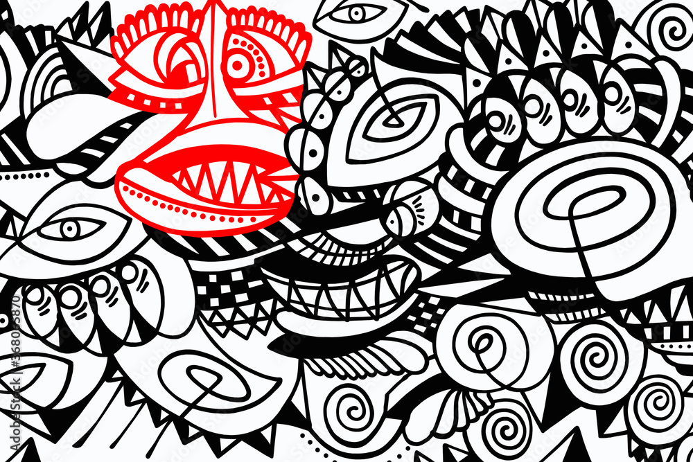 Black and white pattern on a white background with highlighted red cartoon faces, abstract design