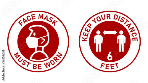 Set of Circular Measure Warning Signs against the Spread of Coronavirus including Face Mask Must Be Worn and Keep Your Distance 6 Feet. Vector Image.