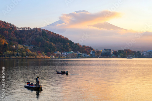 Natural landscape view of Mount Fuji at Kawaguchiko lake during sunset in autumn season at Japan. Mount Fuji is a Special Place of Scenic Beauty and one of Japan s Historic Sites.