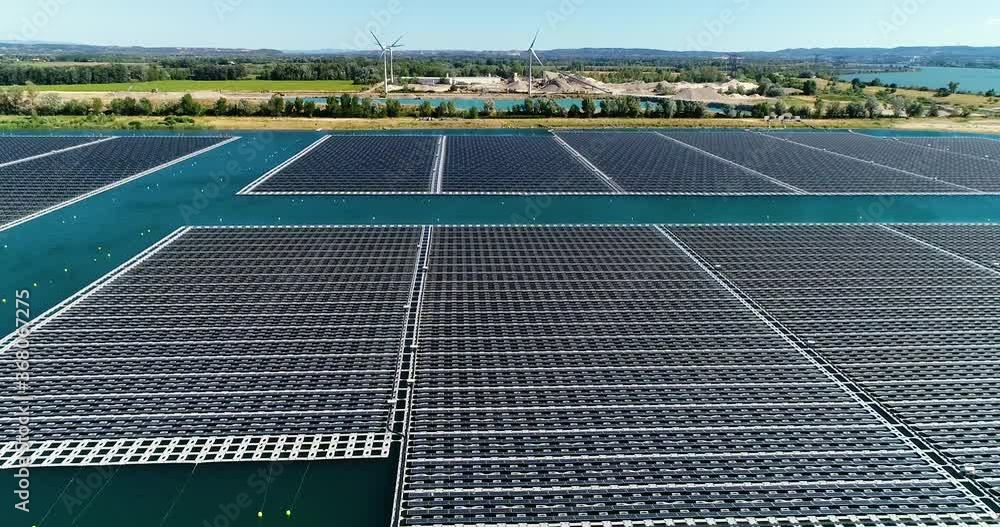 Solar panels floating in water with windmills, pond and rural aera in the background, under the blue sky. Perfect green energy for a clean environment - 4K Solar panels floating in water with windmills, pond and rural aera in the background, under the blue sky. Perfect green energy for a clean environment - 4K