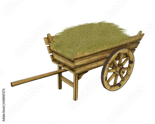 Wooden cart with hay. Illustration for design on a white background.