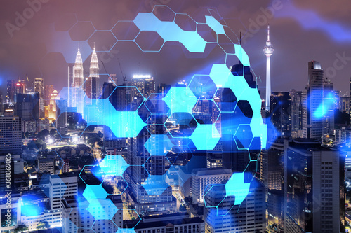 Canvas Print Abstract technology icons, night aerial panoramic cityscape of Kuala Lumpur, Malaysia, Asia