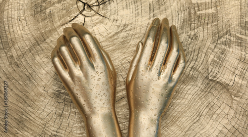 painted golden hands isolated on gold background