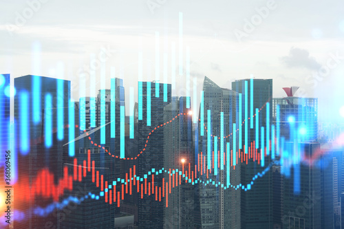 Forex and stock market chart hologram over panorama city view of Singapore  the financial center in Asia. The concept of international trading. Double exposure.