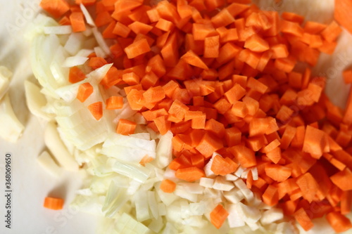 Diced carrot, onion and garlic. Making Lasagna Bolognese Series.