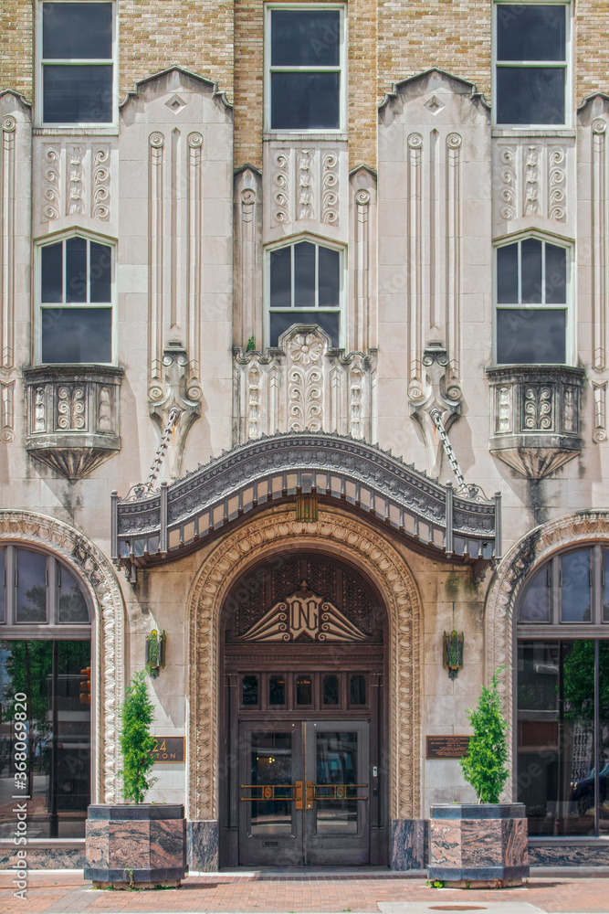 07_25_2020 ONG Building - One of the first zigzag art deco style buildings in Tulsa with hanging ornate entrance canopy and pink marble planters