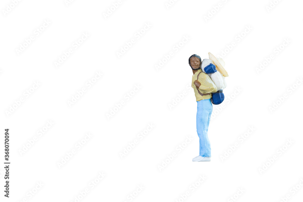 Close up of Miniature backpacker and tourist people isolated with clipping path on white background.Elegant Design with copy space for placement your text, mock up for business and travel concept Close up of Miniature backpacker and tourist people isolated with clipping path on white background.Elegant Design with copy space for placement your text, mock up for business and travel concept