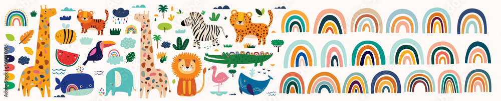 Colorful bright stylish trendy rainbows vector illustrations. Baby animals pattern. Fabric pattern. Vector illustration with cute animals. Nursery baby pattern illustration - obrazy, fototapety, plakaty 