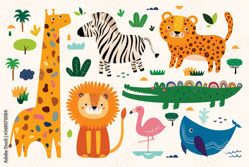 Fototapeta Naklejka Na Ścianę i Meble -  Cute vector cartoon animals. Childish pattern	
