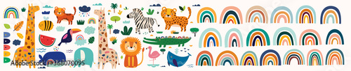 Colorful bright stylish trendy rainbows vector illustrations. Baby animals pattern. Fabric pattern. Vector illustration with cute animals. Nursery baby pattern illustration © moleskostudio