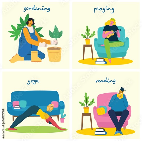 Peoples hobbies variety. Playing guitar, gardening, yoga and reading books vector illustration