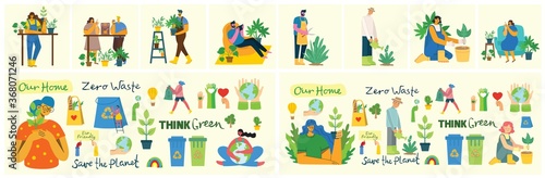 Set of eco save environment pictures. People taking care of planet collage. Zero waste, think green, save the planet, our home hand written text in the flat design