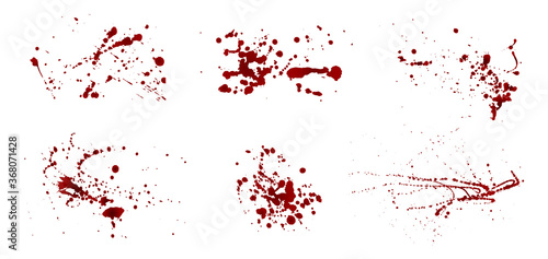 Set of realistic bloody splatters. Drop and blob of blood. Bloodstains. Vector illustration isolated on white background. Red puddles 