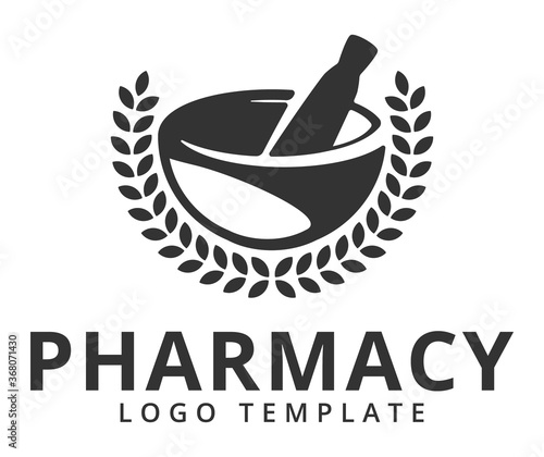 Pharmacy logo design with mortar and pestle, vector template.