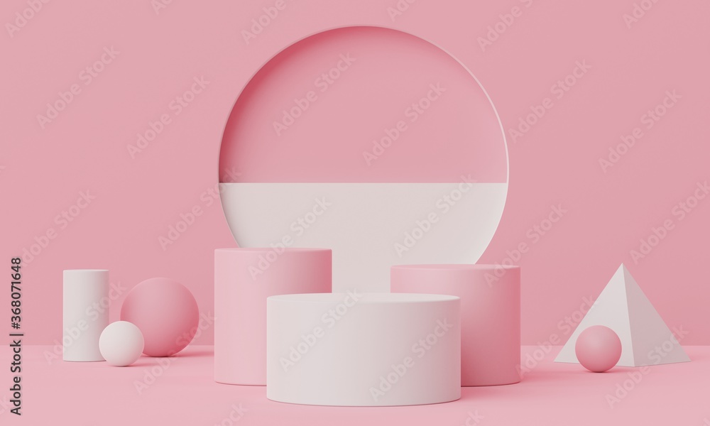 3d geometric forms. Blank podium in coral pink color. Fashion show stage,pedestal, shopfront with colorful theme. Minimal scene for  product display.