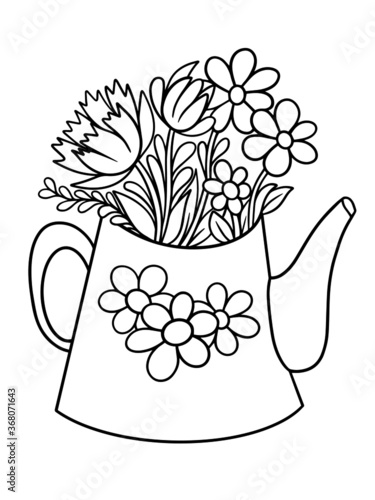 watering can with flowers graphics spring summer vector coloring for kids and adults illustration doodle sketch element gardening isolate on white background