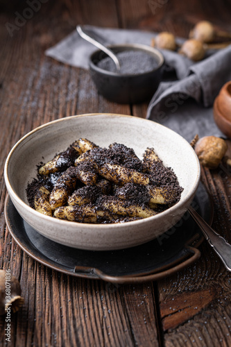 Classic Slovakian food called Sulance, sweet potato dumplings with poppy seeds photo