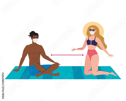 couple in swimsuit wearing medical mask, tourism with coronavirus, prevention covid 19 in summer vacation vector illustration design © Gstudio