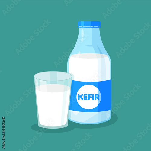 Vector fermented milk packaging and full glass of kefir on blue background. Bottle template for your design. Vector illustration.