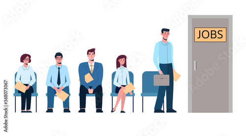 Competition of people for jobs, queue for an interview. Unemployment, crisis, .job search. Vector illustration, flat isolated. Business people want to get a job