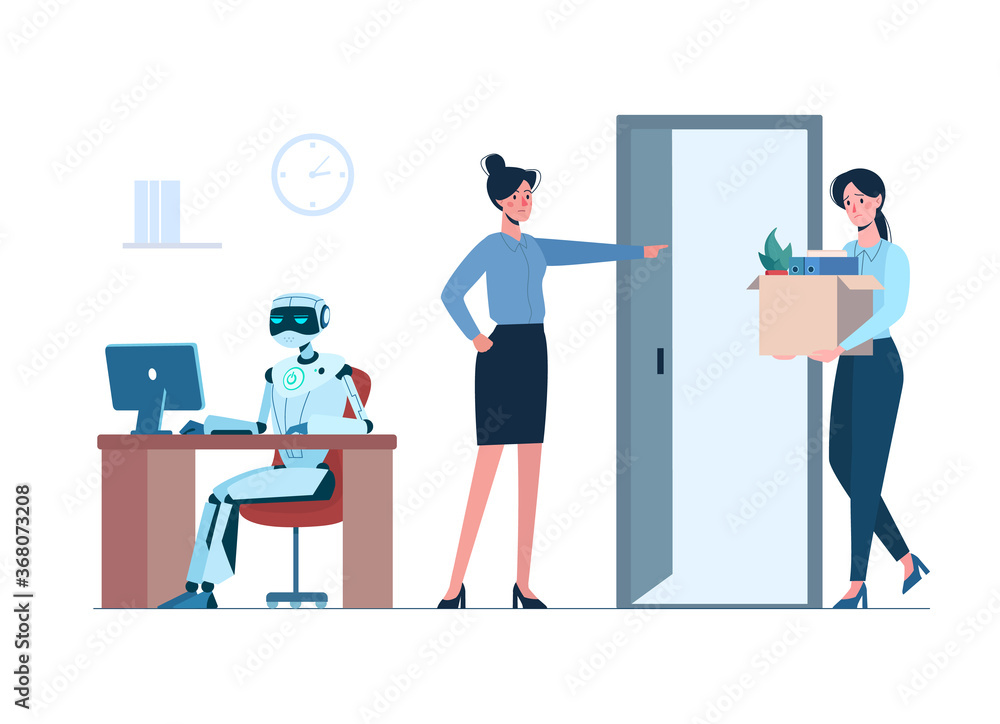 The robot is in the workplace, and woman is fired. Artificial intelligence has replaced humans, they lost her job due to robotics. Flat vector .isolated. Ai, technologies of the future.