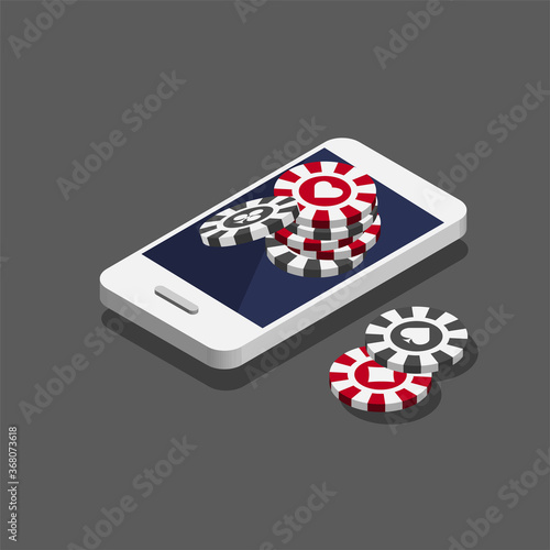 Casino poker chips on the smartphone. Online casino concept in a trendy isometric style. Vector illustration isolated on grey background.