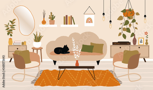 Living room interior. Apartment home design with sofa armchair houseplants in scandinavian hygge style. House decoration flat vector illustration