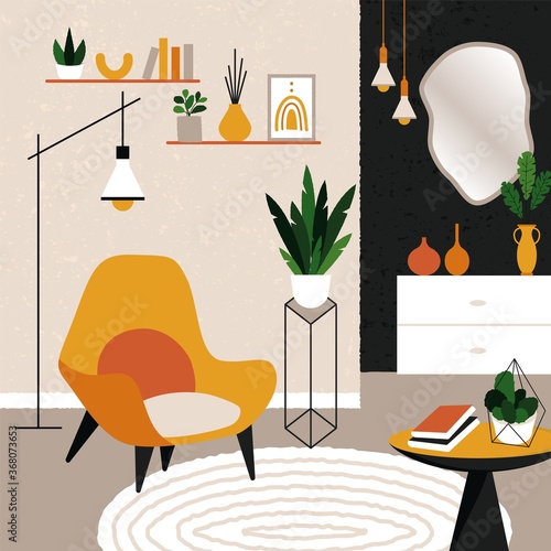 Living room interior with armchair. Loft decorated apartment scandinavian hygge style, houseplants shelve lamp table mirror flat vector design