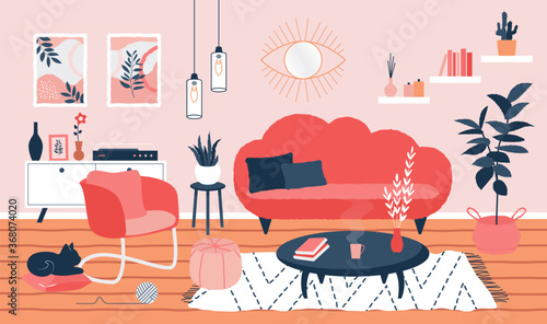 Living room interior. Cozy apartment design with sofa armchair houseplants in scandinavian hygge style. House decoration flat vector illustration