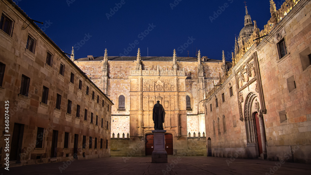 Foto nocturna de la ciudad española Patrimonio de la Humanidad de Salamanca.Universidad co nestatua y catedral.