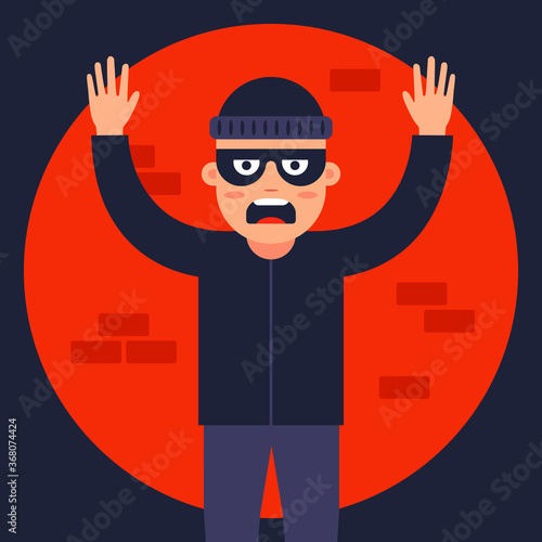 police officer caught the thief in the spotlight. find the masked robber. flat vector illustration.