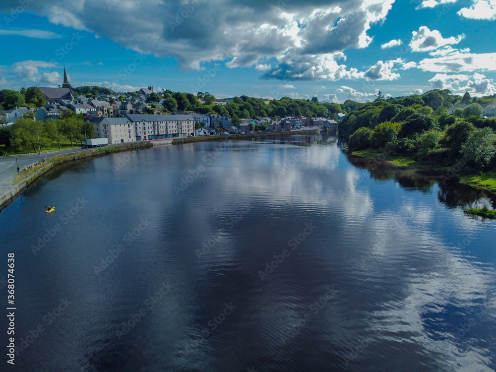 Drone image of Ramelton and the river Leannan along the waterfront near Lough Swilly, Wild Atlantic Way, County Donegal, Ireland