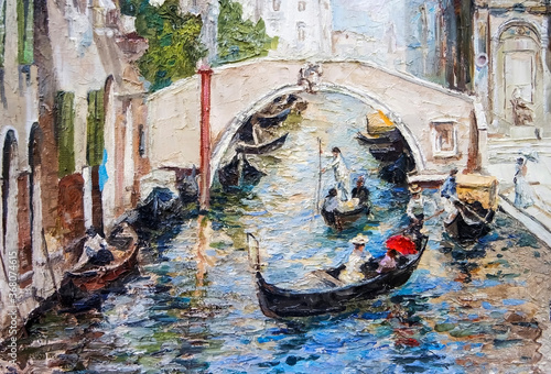 Urban Landscape depicting the old Venice, with its beautiful  decorated buildings, shuttered windows, water channel with a picturesque bridge and gondolas. Oil painting in light colors. photo