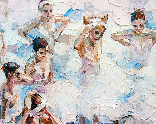 SGroup of ballerinas in white ballet tutus preparing for the performance on stage, under the bright spotlights. Palette knife technique of oil painting and brush, looks very expressive.