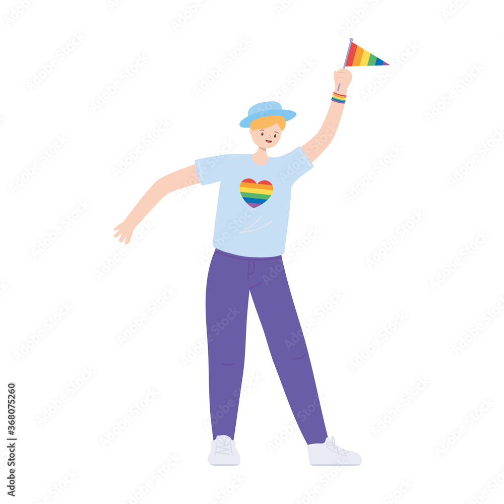 lgbtq community pride, young man with rainbow flag character isolated icon design