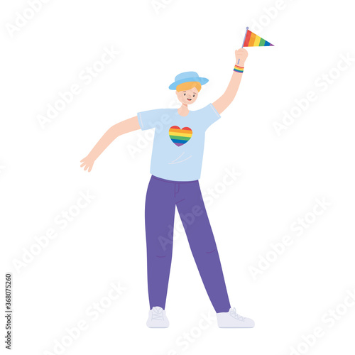 lgbtq community pride, young man with rainbow flag character isolated icon design